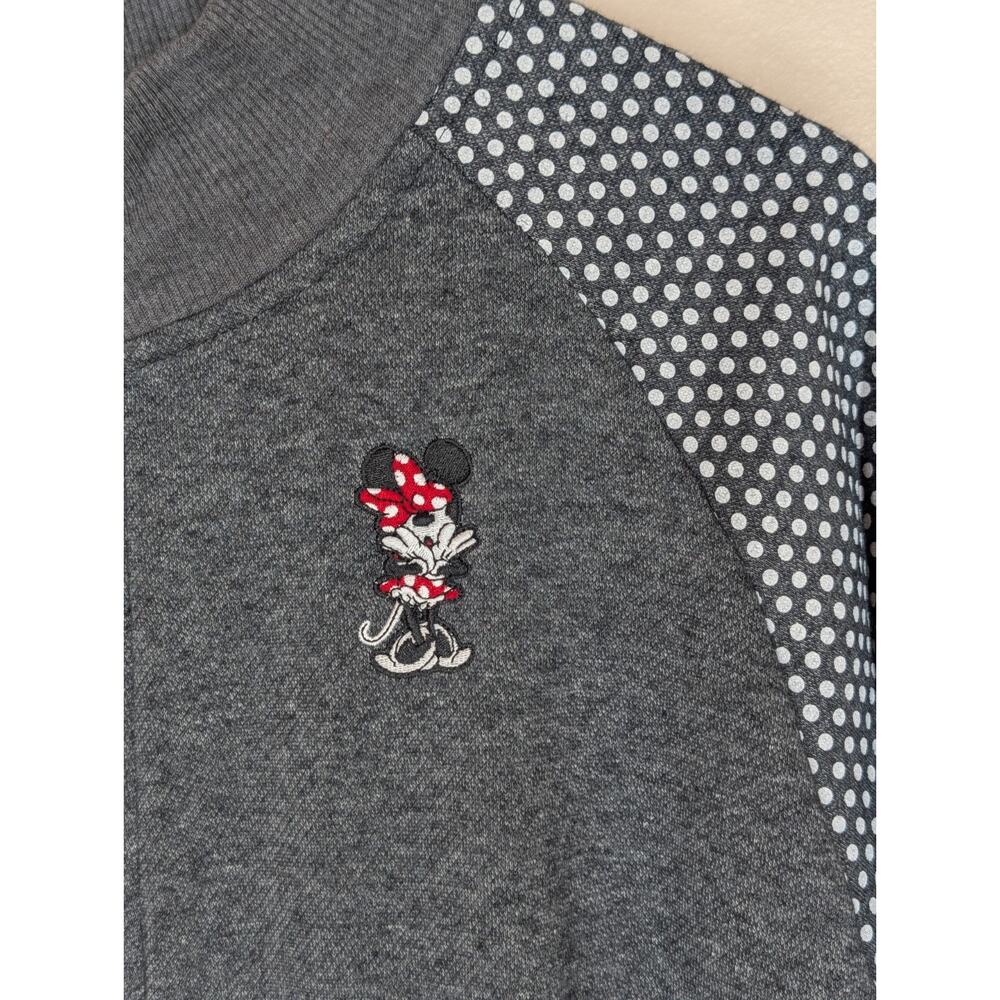 Disney Parks Minnie Mouse Polka Dot Zip Up Raglan Fleece Gray Bomber Jacket XL - Picture 2 of 8